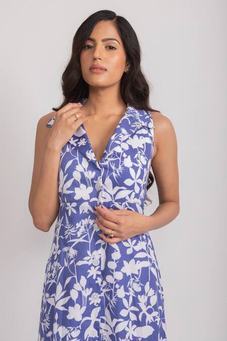 Buy_Aroop Shop India_Blue Velvet Embroidery Button-down Neck Pixie Floral Print Shirt Dress _Online_at_Aza_Fashions