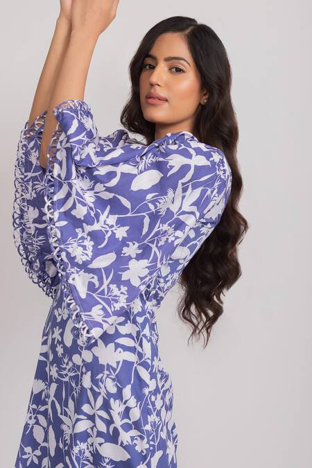 Aroop Shop India_Blue Velour Square Neck Tulla Flared Sleeve Dress _Online_at_Aza_Fashions