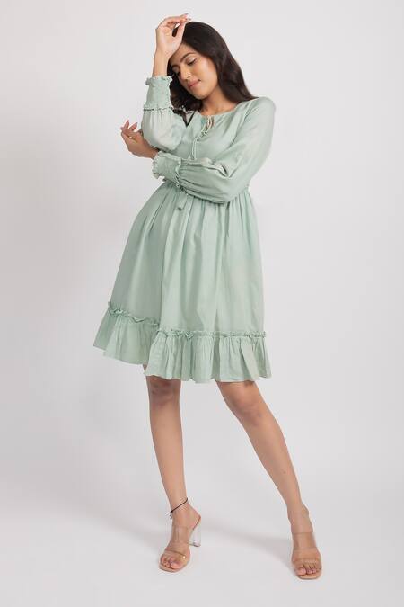 Aroop Shop India_Green Velvet Keyhole Neck Greta Tiered Dress _Online_at_Aza_Fashions