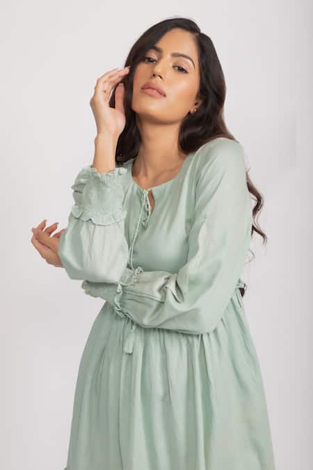 Buy_Aroop Shop India_Green Velvet Keyhole Neck Greta Tiered Dress _Online_at_Aza_Fashions
