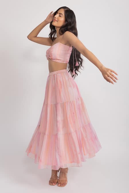 Aroop Shop India_Pink Chiffon Sweetheart Neck Roseate Tiered Skirt Set _Online_at_Aza_Fashions