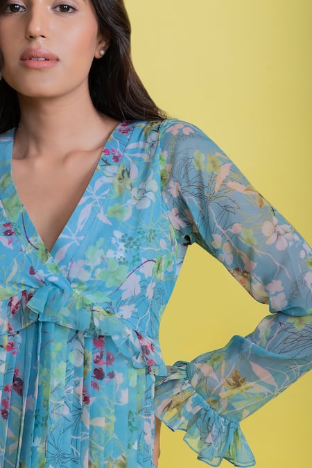 Aroop Shop India_Blue Chiffon V-neck Tory Pleated Dress _Online_at_Aza_Fashions