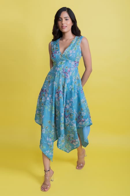 Aroop Shop India_Blue Chiffon V-neck Celile Flared Handkerchief Hem Dress _Online_at_Aza_Fashions