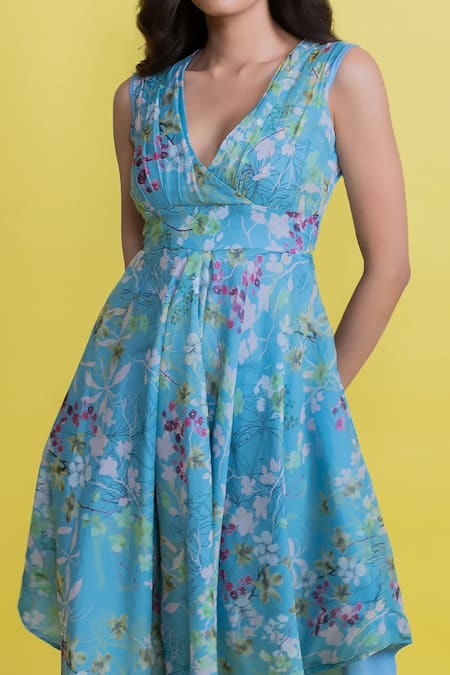 Shop_Aroop Shop India_Blue Chiffon V-neck Celile Flared Handkerchief Hem Dress _Online_at_Aza_Fashions