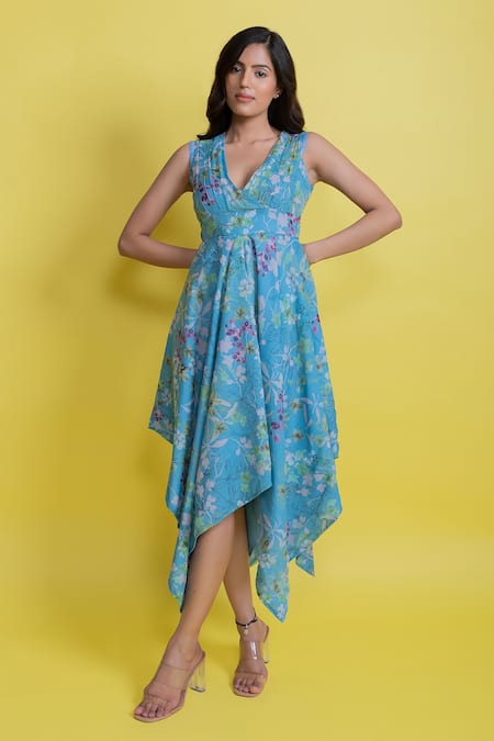 Buy_Aroop Shop India_Blue Chiffon V-neck Celile Flared Handkerchief Hem Dress _Online_at_Aza_Fashions