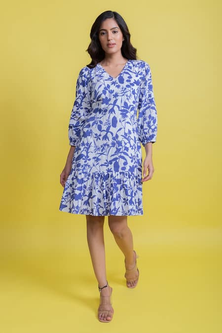 Aroop Shop India Blue Velvet V-neck Chloe Tiered Floral Print Dress Online at Aza Fashions Aroop Shop India_Blue Velvet V-neck Chloe Tiered Floral Print Dress _Online_at_Aza_Fashions