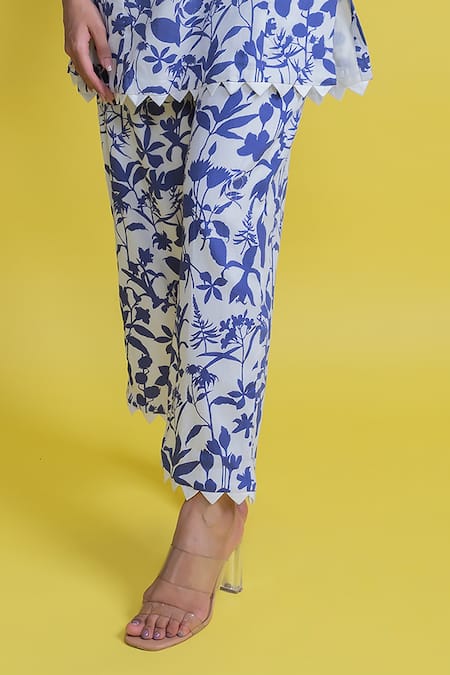 Shop Aroop Shop India Blue Silk, Velvet Embroidery Round Neck Bella Flora Print Tunic And Pant Set Online at Aza Fashions Shop_Aroop Shop India_Blue Silk, Velvet Embroidery Round Neck Bella Flora Print Tunic And Pant Set _Online_at_Aza_Fashions