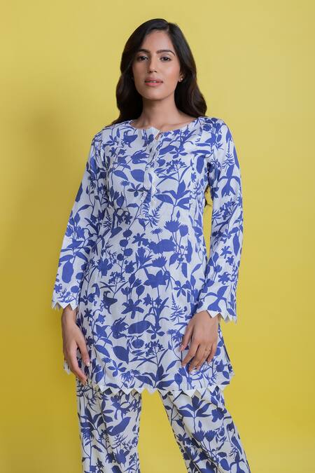 Aroop Shop India Blue Silk, Velvet Embroidery Round Neck Bella Flora Print Tunic And Pant Set Online at Aza Fashions Aroop Shop India_Blue Silk, Velvet Embroidery Round Neck Bella Flora Print Tunic And Pant Set _Online_at_Aza_Fashions