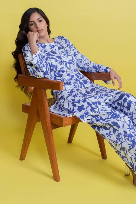 Buy Aroop Shop India Blue Silk, Velvet Embroidery Round Neck Bella Flora Print Tunic And Pant Set Online at Aza Fashions Buy_Aroop Shop India_Blue Silk, Velvet Embroidery Round Neck Bella Flora Print Tunic And Pant Set _Online_at_Aza_Fashions