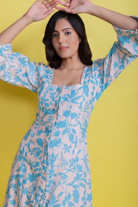 Aroop Shop India_Beige Velvet Square Neck Sara Panelled Dress _Online_at_Aza_Fashions