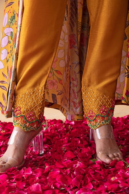 Shachi Sood_Yellow Dupion Silk Floral Square Neck Pearl Hand Embroidered Top Pant Set _Online_at_Aza_Fashions