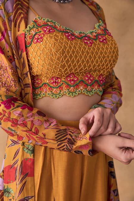 Buy_Shachi Sood_Yellow Dupion Silk Floral Square Neck Pearl Hand Embroidered Top Pant Set _Online_at_Aza_Fashions