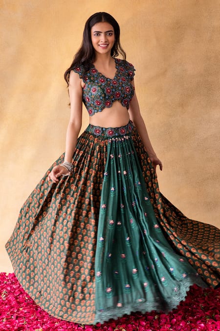 Shachi Sood_Green Blouse And Lehenga Dupion Silk, Dupatta Organza Floral V Flower Print Set _Online_at_Aza_Fashions