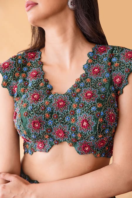 Buy_Shachi Sood_Green Blouse And Lehenga Dupion Silk, Dupatta Organza Floral V Flower Print Set _Online_at_Aza_Fashions