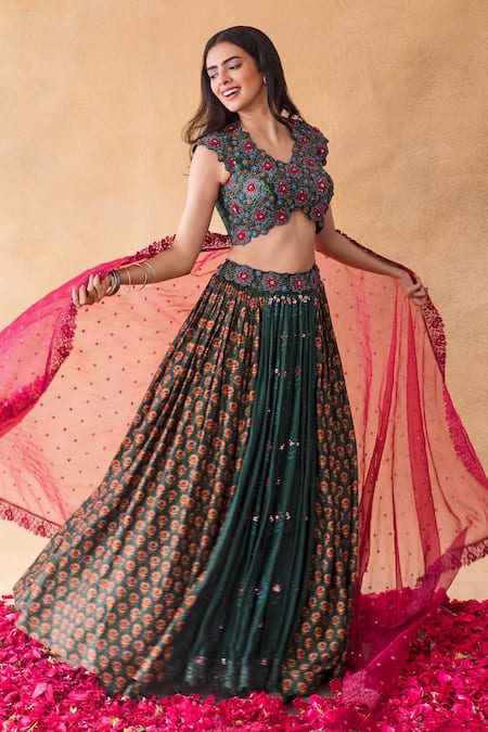Shop_Shachi Sood_Green Blouse And Lehenga Dupion Silk, Dupatta Organza Floral V Flower Print Set _Online_at_Aza_Fashions