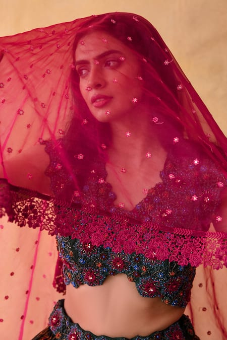 Shachi Sood_Green Blouse And Lehenga Dupion Silk, Dupatta Organza Floral V Flower Print Set _at_Aza_Fashions