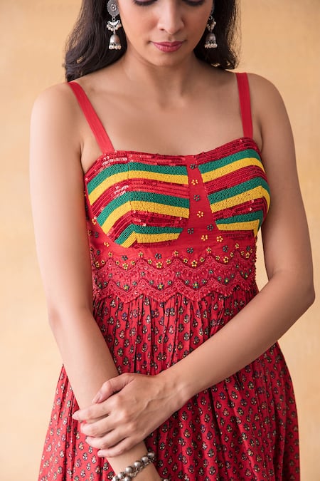 Shop Shachi Sood Red Dupion Silk Floral Square Neck Sequin Embellished Flower Print Gown Online at Aza Fashions Shop_Shachi Sood_Red Dupion Silk Floral Square Neck Sequin Embellished Flower Print Gown _Online_at_Aza_Fashions