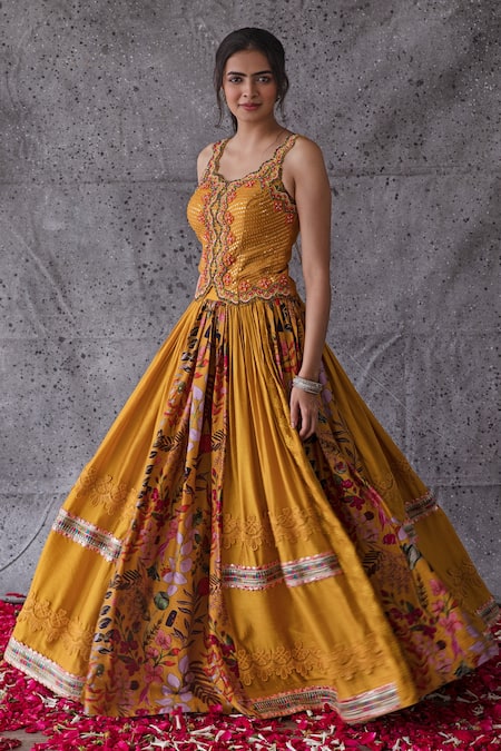 Shachi Sood_Yellow Organza, Chanderi, Dupion Silk Floral U Sequin Embroidered Lehenga Set _Online_at_Aza_Fashions