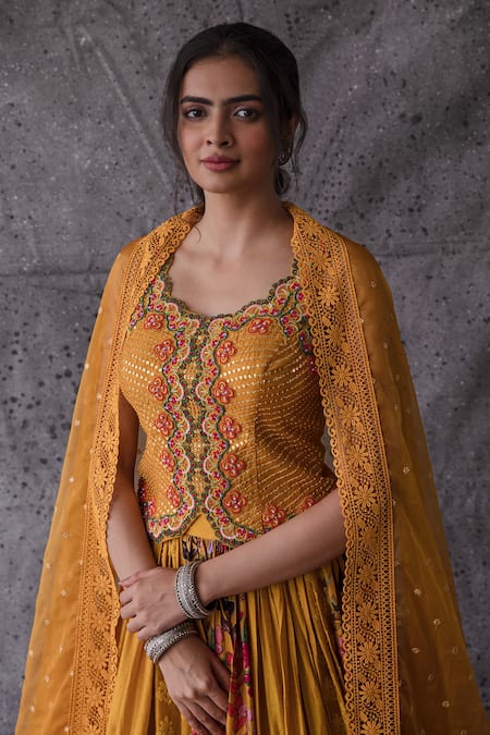 Buy_Shachi Sood_Yellow Organza, Chanderi, Dupion Silk Floral U Sequin Embroidered Lehenga Set _Online_at_Aza_Fashions