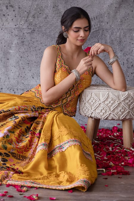 Shop_Shachi Sood_Yellow Organza, Chanderi, Dupion Silk Floral U Sequin Embroidered Lehenga Set _Online_at_Aza_Fashions