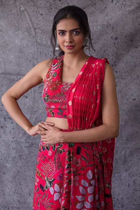 Buy_Shachi Sood_Pink Dupion Silk Floral Square Neck Print Draped Saree With Blouse _Online_at_Aza_Fashions