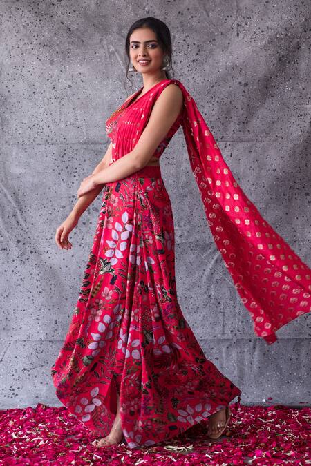 Shop_Shachi Sood_Pink Dupion Silk Floral Square Neck Print Draped Saree With Blouse _Online_at_Aza_Fashions