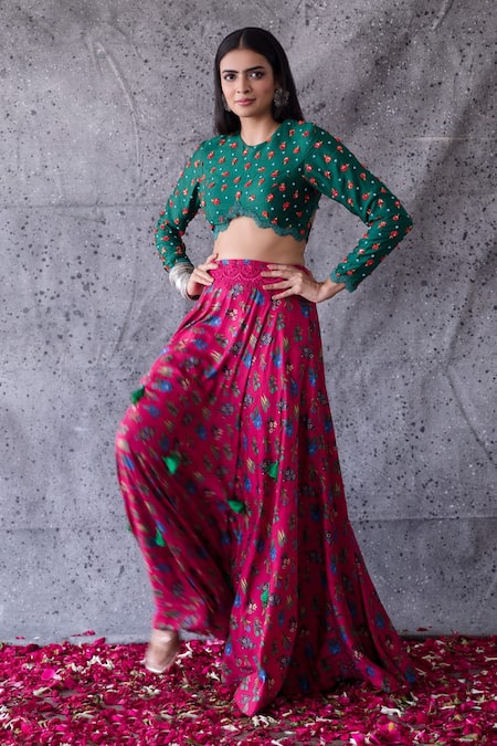 Shachi Sood_Pink Dupion Silk Floral Round Print Skirt And Embroidered Blouse Set _Online_at_Aza_Fashions