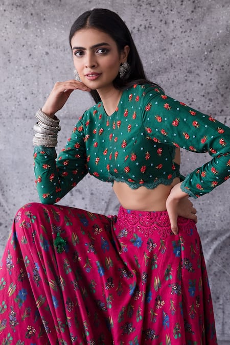 Buy_Shachi Sood_Pink Dupion Silk Floral Round Print Skirt And Embroidered Blouse Set _Online_at_Aza_Fashions