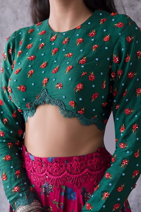 Shop_Shachi Sood_Pink Dupion Silk Floral Round Print Skirt And Embroidered Blouse Set _Online_at_Aza_Fashions
