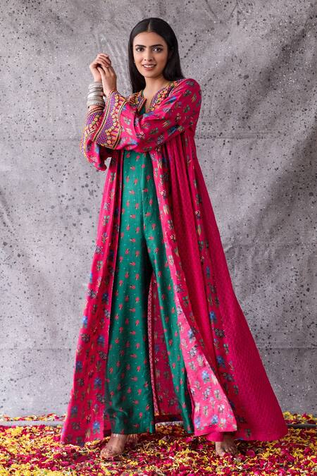 Shachi Sood Green Dupion Silk Floral V Neck Print Jumpsuit With Jacket Online at Aza Fashions Shachi Sood_Green Dupion Silk Floral V Neck Print Jumpsuit With Jacket _Online_at_Aza_Fashions