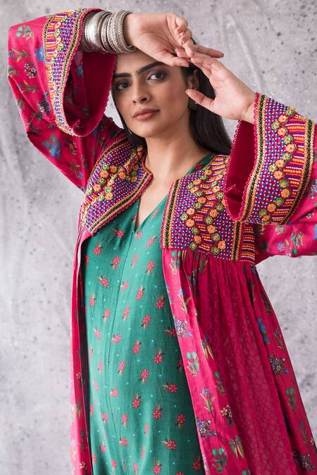 Buy Shachi Sood Green Dupion Silk Floral V Neck Print Jumpsuit With Jacket Online at Aza Fashions Buy_Shachi Sood_Green Dupion Silk Floral V Neck Print Jumpsuit With Jacket _Online_at_Aza_Fashions