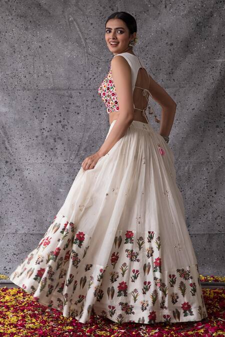 Shachi Sood_White Organza, Chanderi, Dupion Silk Floral Botanical Print Lehenga And Blouse Set _Online_at_Aza_Fashions