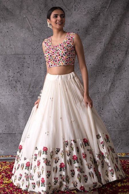 Ivory White Multi-Colored Sequin Patterned Lehenga Set with  Hand-Embroidered Blouse - Seasons India