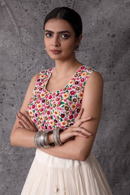 Shachi Sood_White Organza, Chanderi, Dupion Silk Floral Botanical Print Lehenga And Blouse Set _at_Aza_Fashions