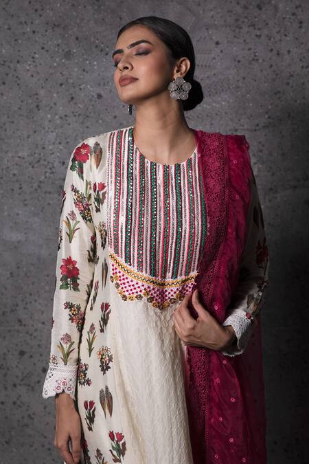 Buy_Shachi Sood_White Anarkali And Pant Dupion Silk, Dupatta Organza Floral Round Print Set _Online_at_Aza_Fashions