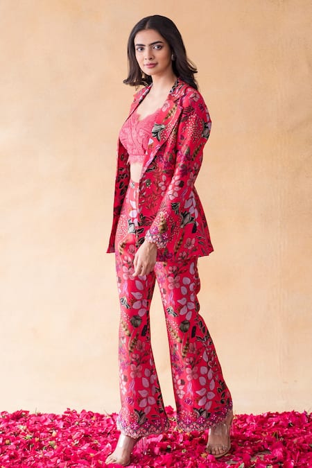 Shachi Sood_Pink Dupion Silk Floral Sweetheart Neck Print Blazer And Pant Set _Online_at_Aza_Fashions