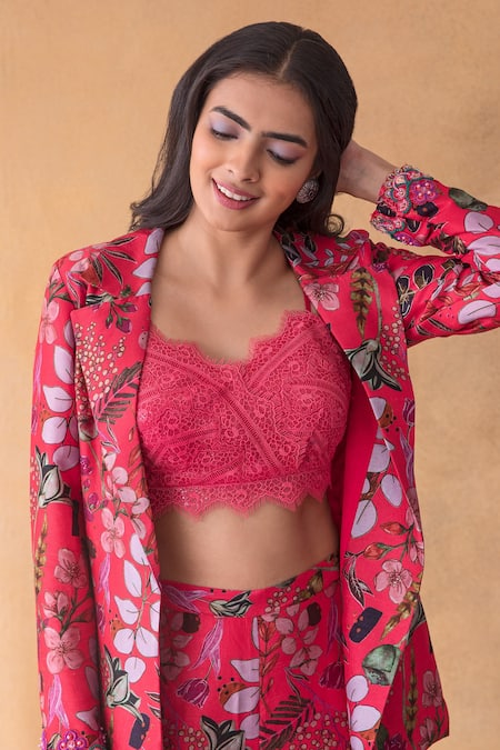 Buy_Shachi Sood_Pink Dupion Silk Floral Sweetheart Neck Print Blazer And Pant Set _Online_at_Aza_Fashions