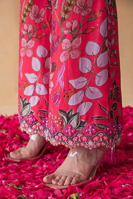 Shop_Shachi Sood_Pink Dupion Silk Floral Sweetheart Neck Print Blazer And Pant Set _Online_at_Aza_Fashions