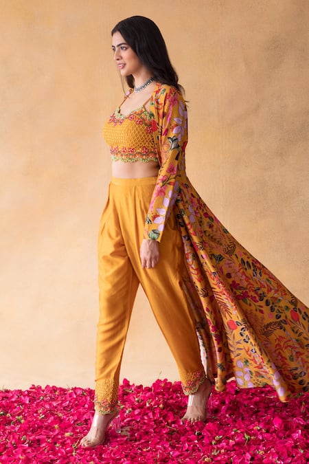 Shop_Shachi Sood_Yellow Dupion Silk Floral Square Neck Pearl Hand Embroidered Top Pant Set _Online_at_Aza_Fashions