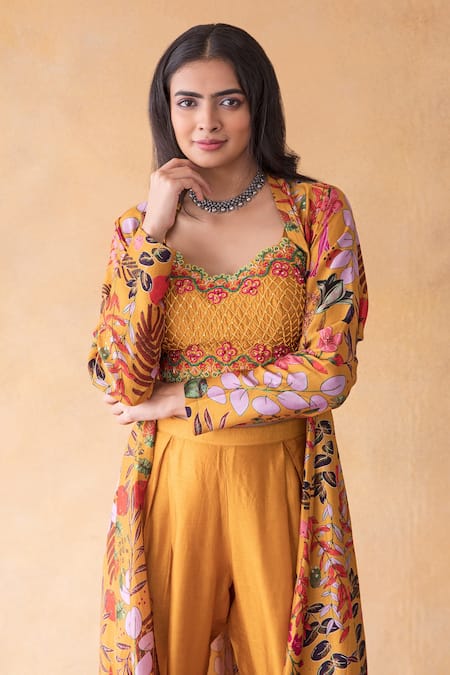 Shachi Sood_Yellow Dupion Silk Floral Square Neck Pearl Hand Embroidered Top Pant Set _at_Aza_Fashions