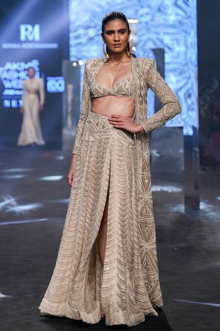 Ritika Mirchandani_Ivory Net Embroidery Bead Kiana Geometric Pattern Long And Skirt Set  _Online_at_Aza_Fashions