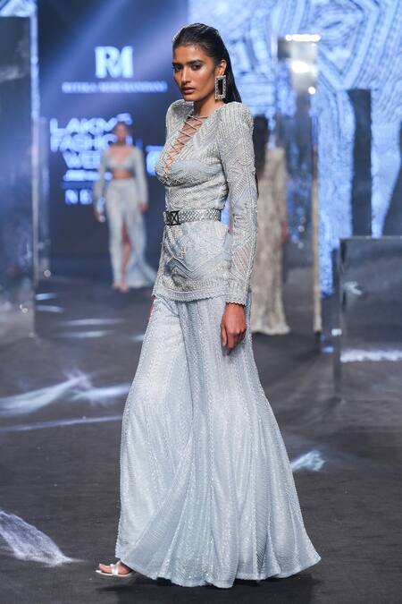 Ritika Mirchandani Blue Net Embroidery Bead Criss Cross Mel Kurta And Sharara Set Online at Aza Fashions Ritika Mirchandani_Blue Net Embroidery Bead Criss Cross Mel Kurta And Sharara Set _Online_at_Aza_Fashions