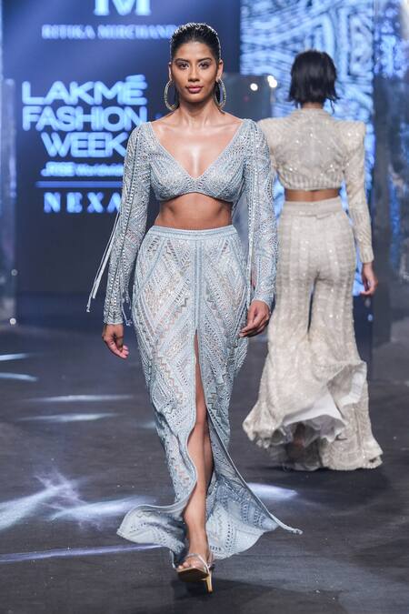Ritika Mirchandani_Blue Net Embroidery Bead Broad V Saga Geometric Blouse And Skirt Set  _at_Aza_Fashions