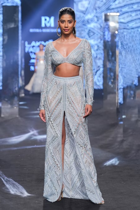 Buy_Ritika Mirchandani_Blue Net Embroidery Bead Broad V Saga Geometric Blouse And Skirt Set  