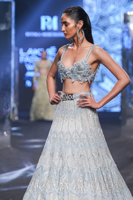 Shop Ritika Mirchandani Blue Net, Crepe, Georgette Beads, Tissa Applique Blouse Bridal Lehenga Set Online at Aza Fashions Shop_Ritika Mirchandani_Blue Net, Crepe, Georgette Beads, Tissa Applique Blouse Bridal Lehenga Set _Online_at_Aza_Fashions