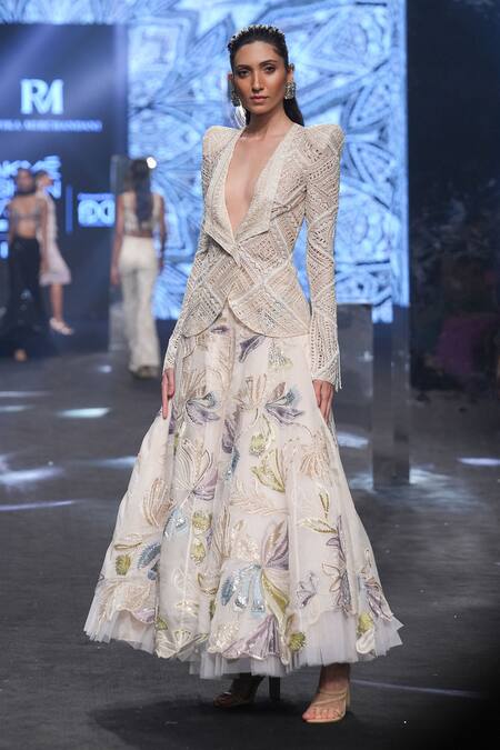 Ritika Mirchandani Ivory Net Embroidery Bead Geneva Geometric Blazer And Lehenga Set Online at Aza Fashions Ritika Mirchandani_Ivory Net Embroidery Bead Geneva Geometric Blazer And Lehenga Set _Online_at_Aza_Fashions