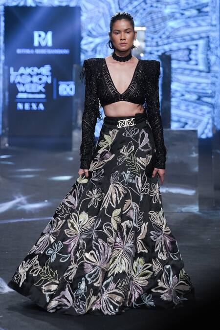 Buy Ritika Mirchandani Black Net, Crepe, Georgette Beads, Freda Resham Floral Lehenga And Blouse Set Buy_Ritika Mirchandani_Black Net, Crepe, Georgette Beads, Freda Resham Floral Lehenga And Blouse Set