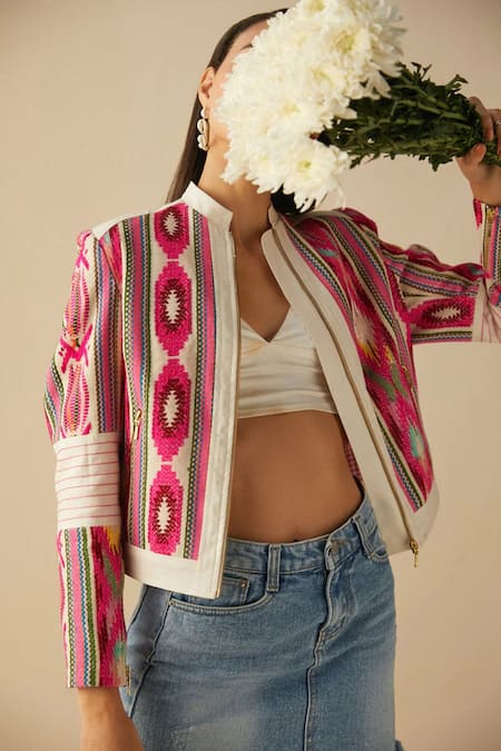 Betrue_Beige Embroidery Mandarin Collar Abstract Bomber Jacket _Online_at_Aza_Fashions