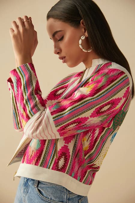 Buy_Betrue_Beige Embroidery Mandarin Collar Abstract Bomber Jacket _Online_at_Aza_Fashions