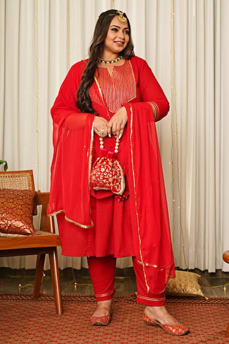 Ruchira Nangalia_Red Cotton, Chiffon Gota Patti, Sequins Split V-neck Work Kurta Set _at_Aza_Fashions